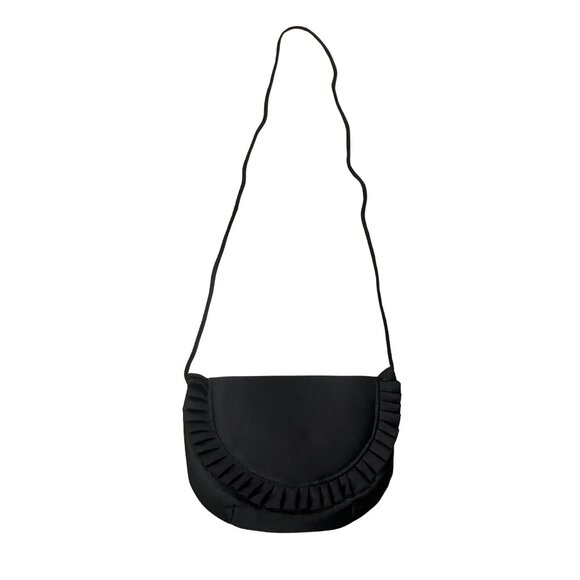 Vintage 70s 80s Black Satin Ruffle Evening Bag Shoulder Strap Romantic Retro - Picture 9 of 11